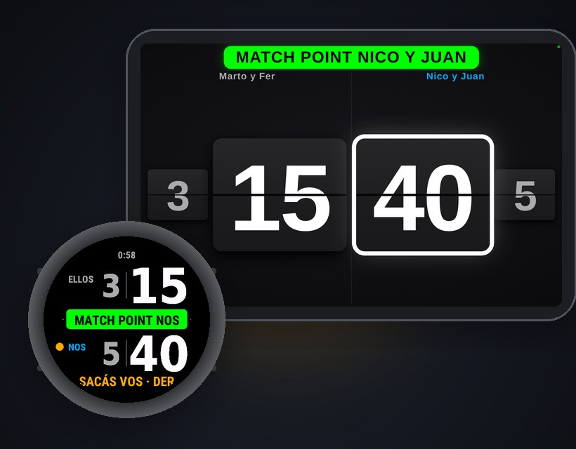 Reloj Garmin con MATCH POINT y la pizarra en vivo en una tablet